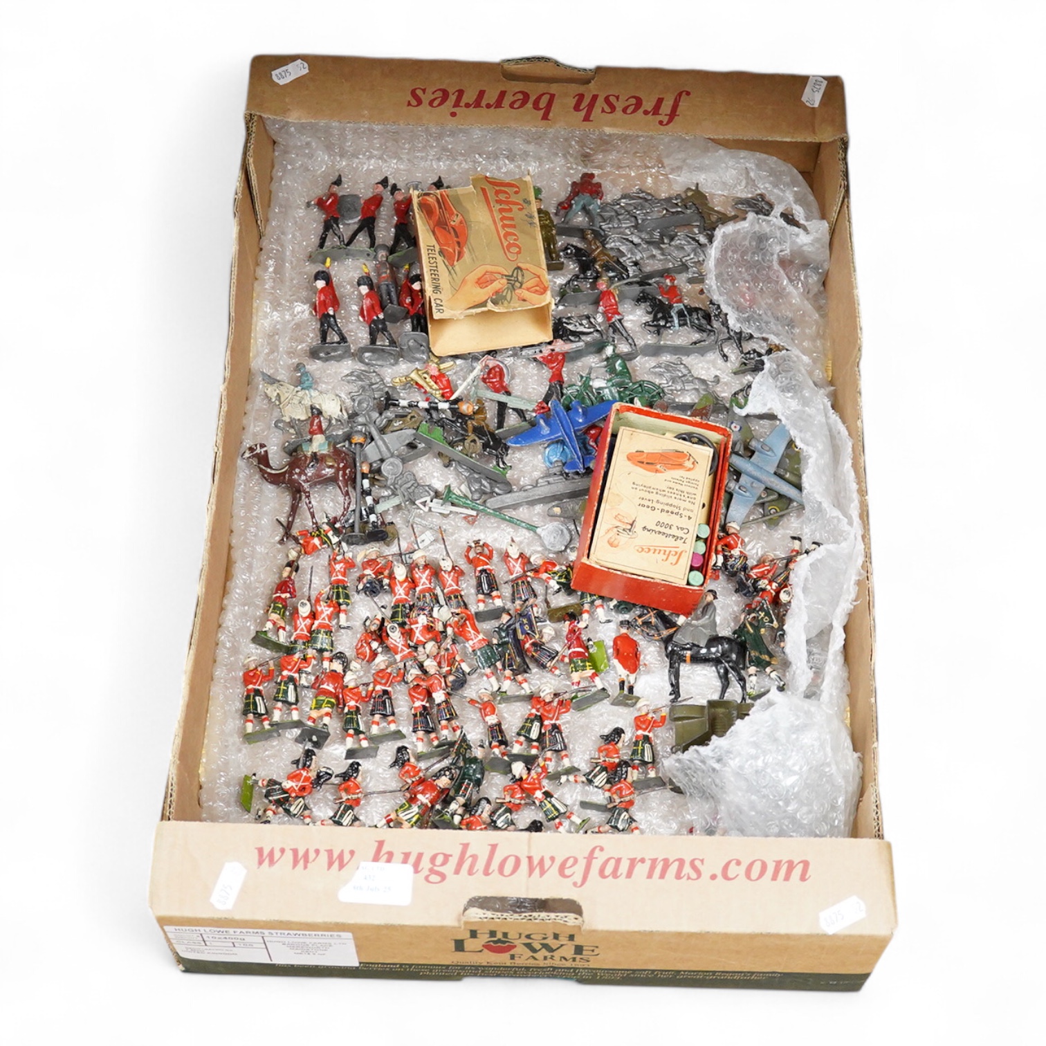 A collection of lead soldiers by Britains, etc. including Scottish Highlanders, together with a number of diecast military aircraft and a boxed Schuco Telesteering Car 3000